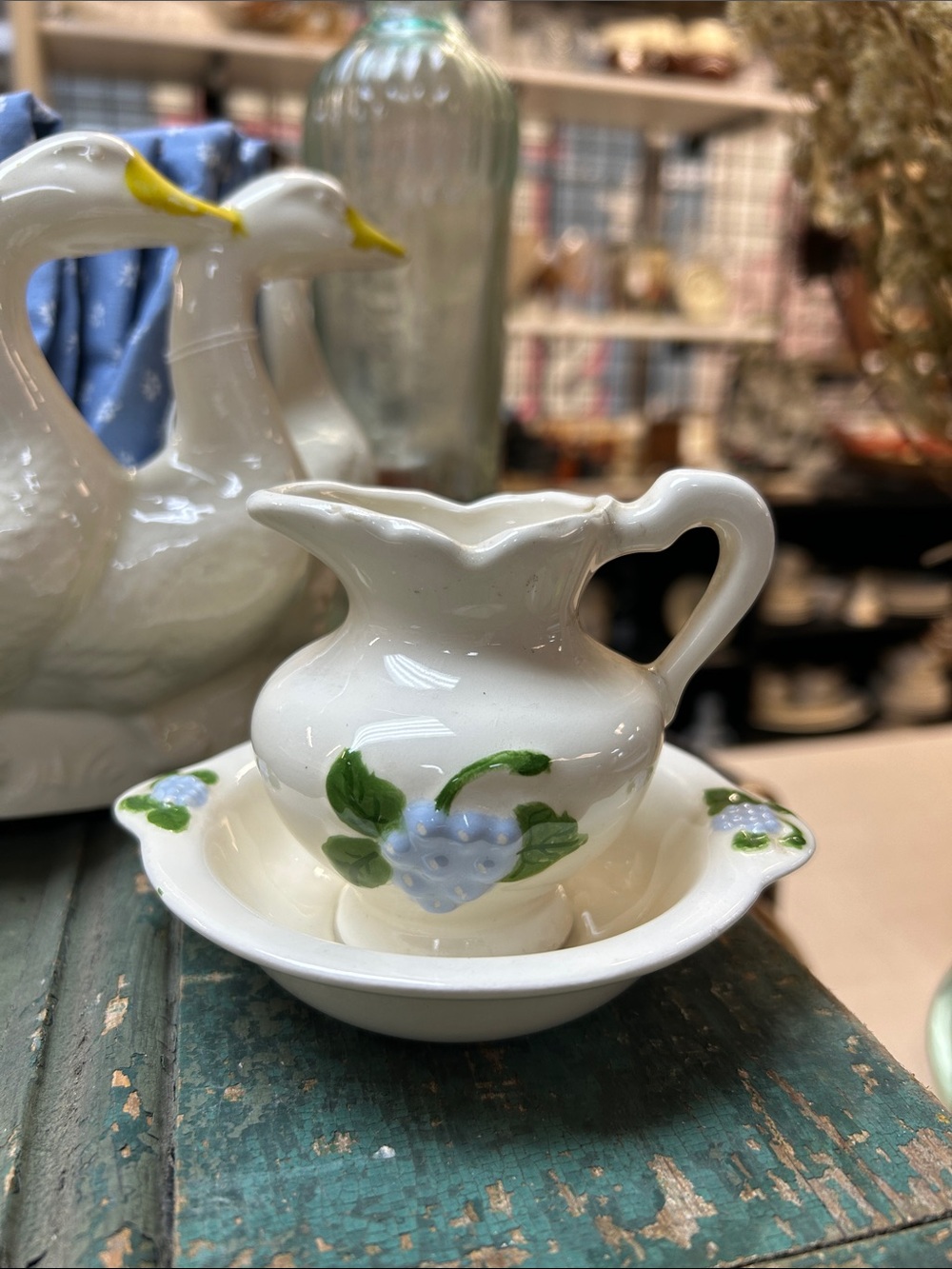 Vintage Mini White Ceramic Pitcher and Saucer with Blue Grape Motif